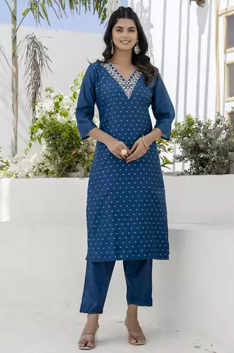 teal chanderi silk festive kurta set