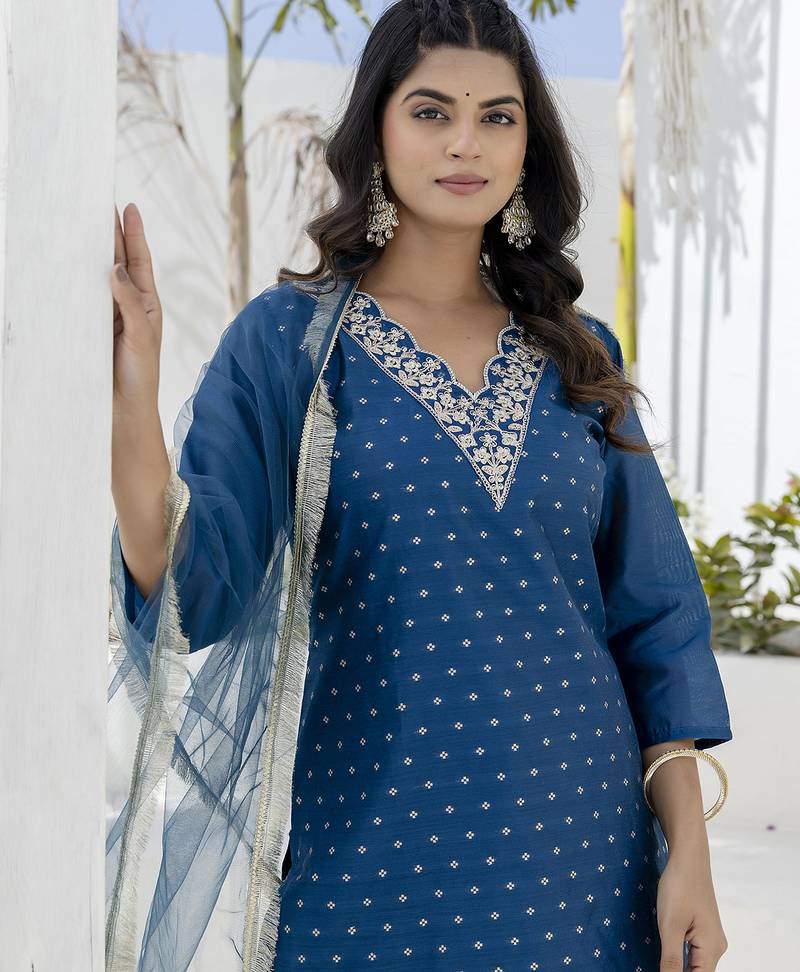 teal chanderi silk festive kurta set