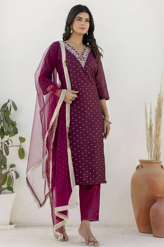 purple chanderi silk festive kurta set