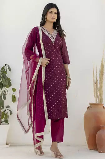 purple chanderi silk festive kurta set