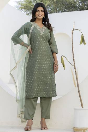 mehendi chanderi silk festive kurta set