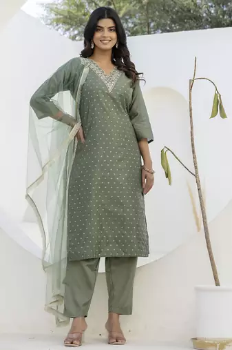 mehendi chanderi silk festive kurta set