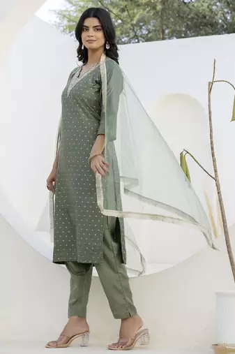 mehendi chanderi silk festive kurta set