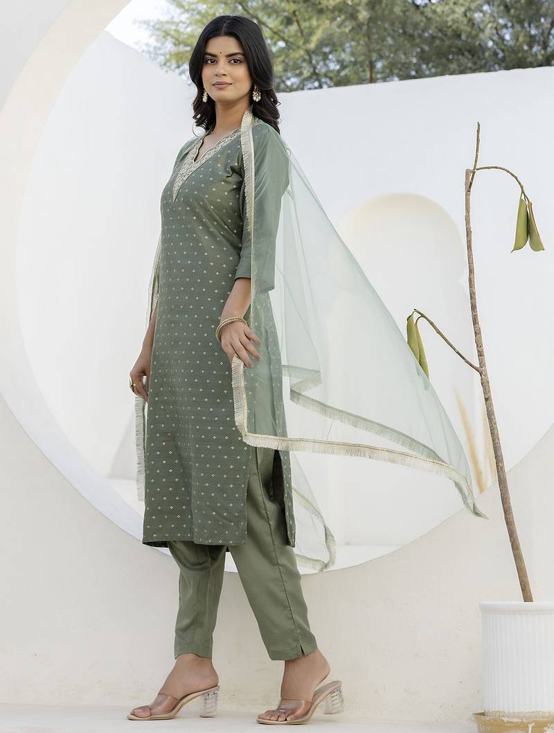 mehendi chanderi silk festive kurta set