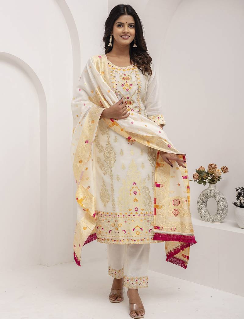white jacquard festive kurta set