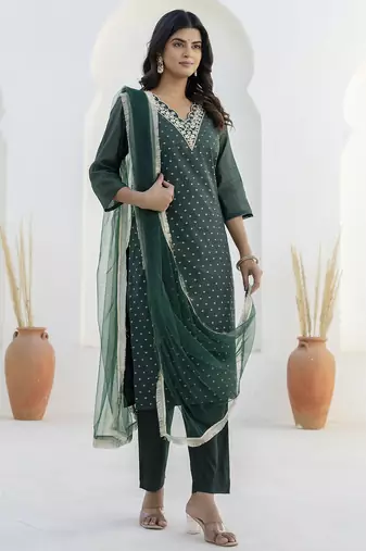 green chanderi silk festive kurta set
