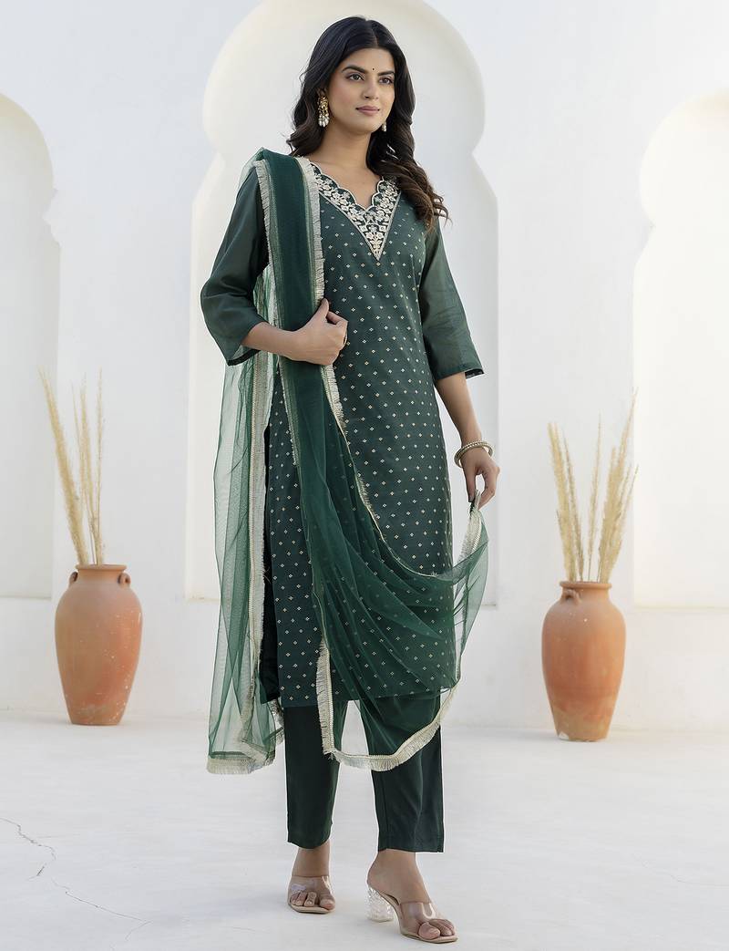 green chanderi silk festive kurta set