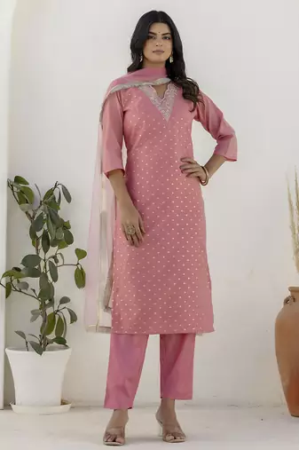 pink chanderi silk festive kurta set