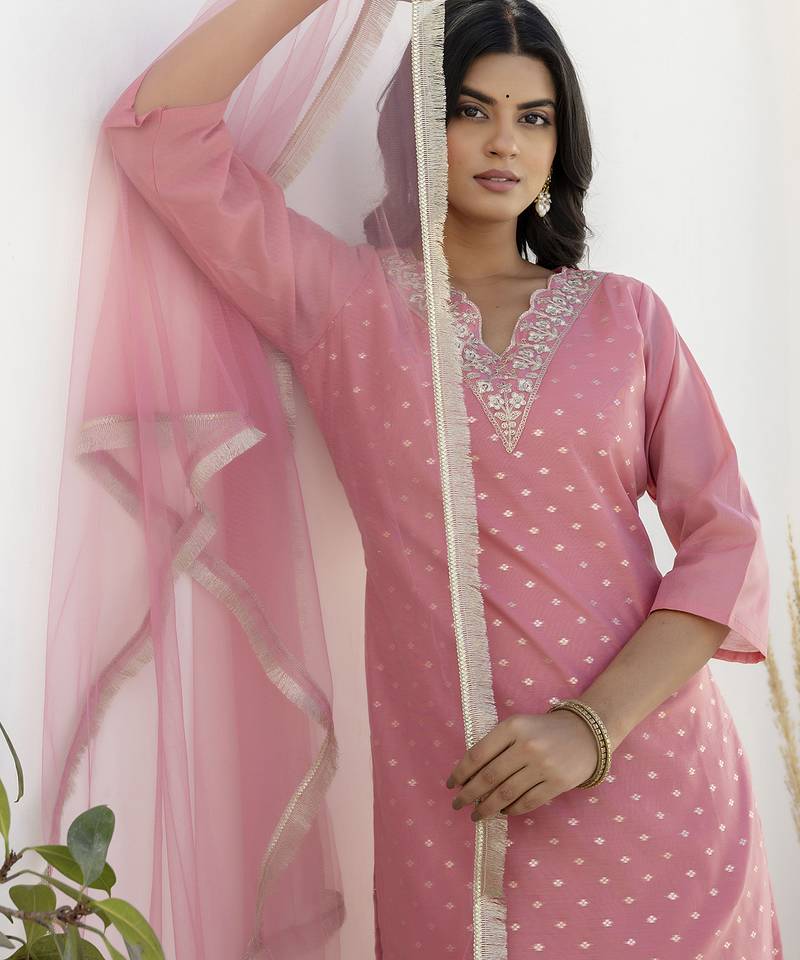 pink chanderi silk festive kurta set