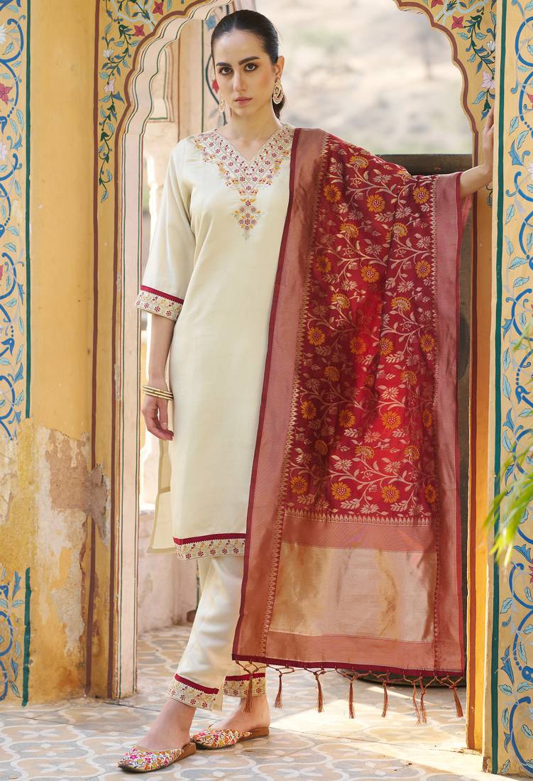 cream silk blend festive kurta set
