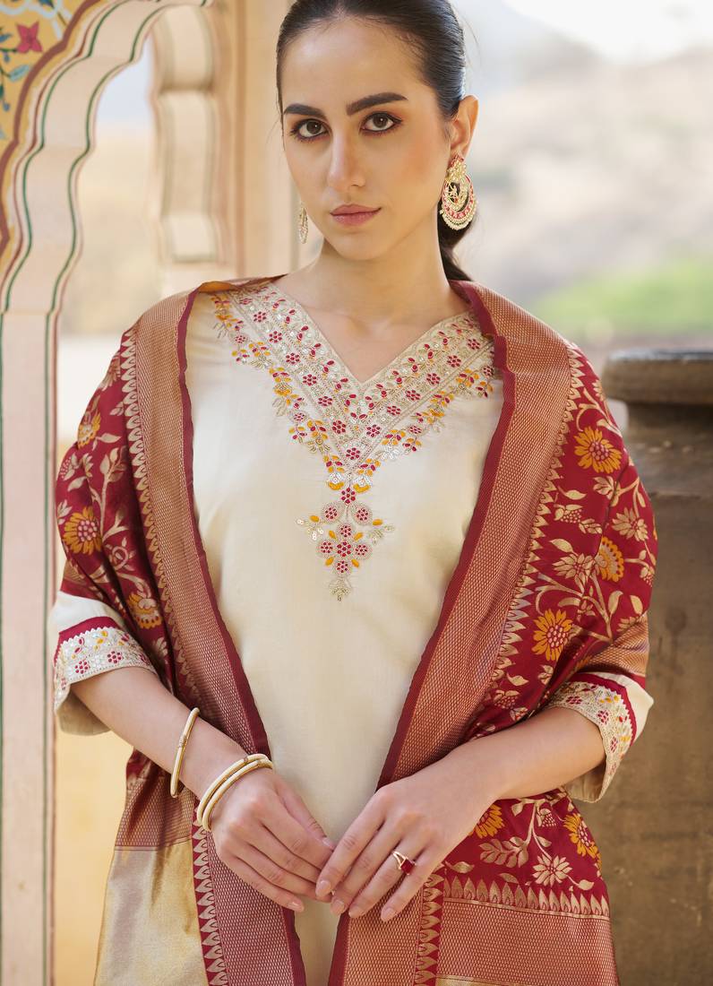 cream silk blend festive kurta set
