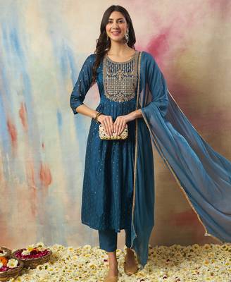 teal-blue cotton silk festive kurta set 1