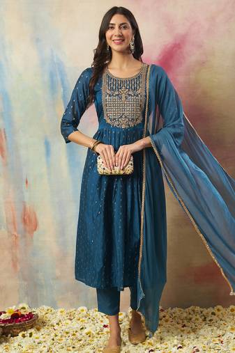 teal-blue cotton silk festive kurta set