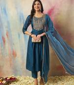teal-blue cotton silk festive kurta set