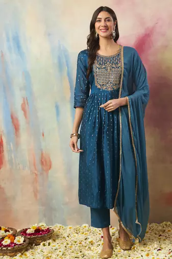 teal-blue cotton silk festive kurta set