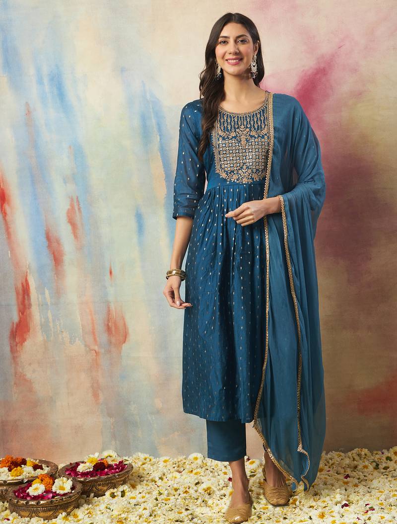 teal-blue cotton silk festive kurta set