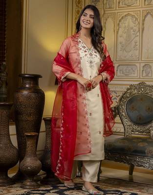 beige silk blend festive kurta set 1