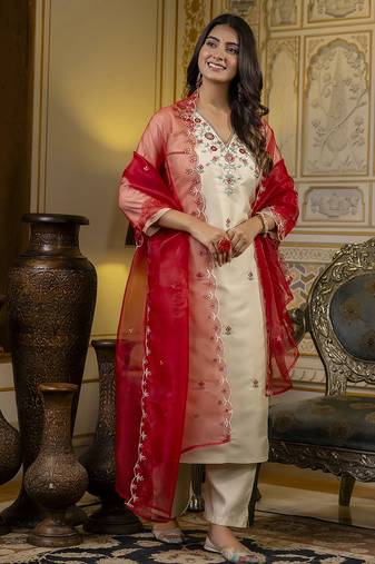 beige silk blend festive kurta set