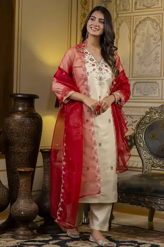 beige silk blend festive kurta set
