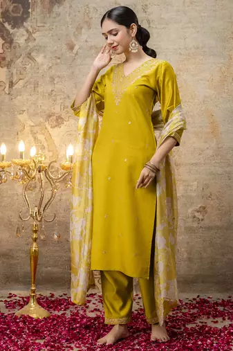 yellow viscose festive kurta set