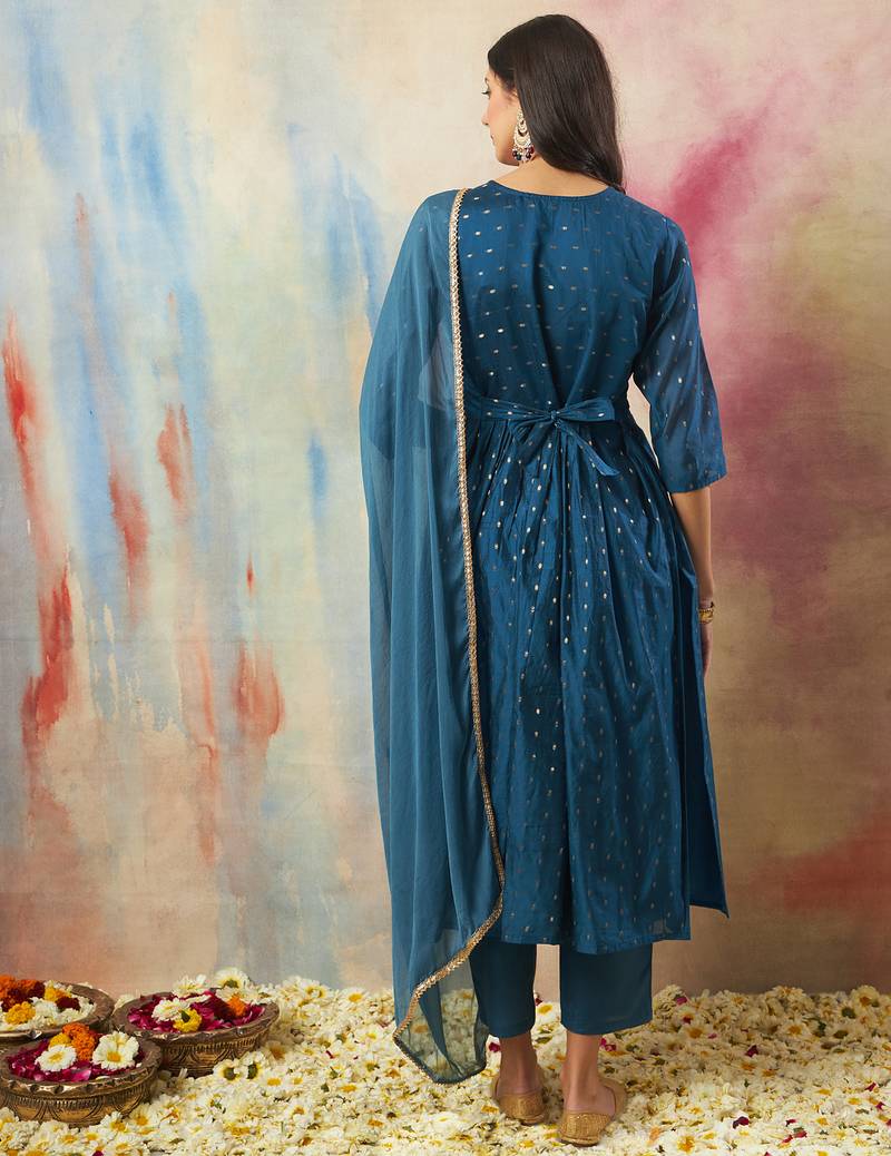 teal-blue cotton silk festive kurta set