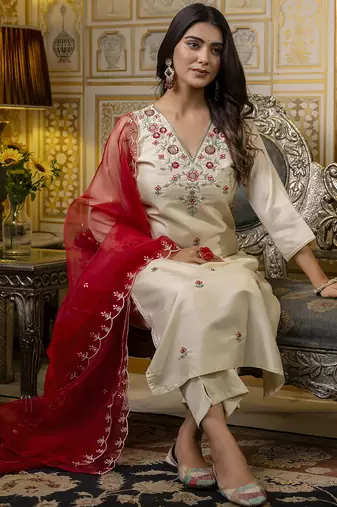 beige silk blend festive kurta set