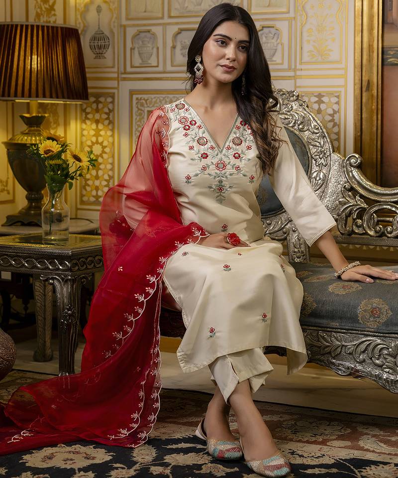 beige silk blend festive kurta set