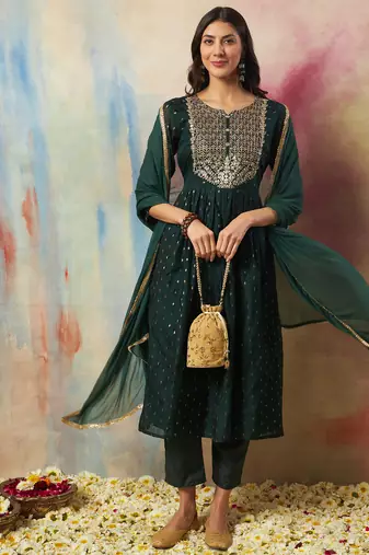 green cotton silk festive kurta set