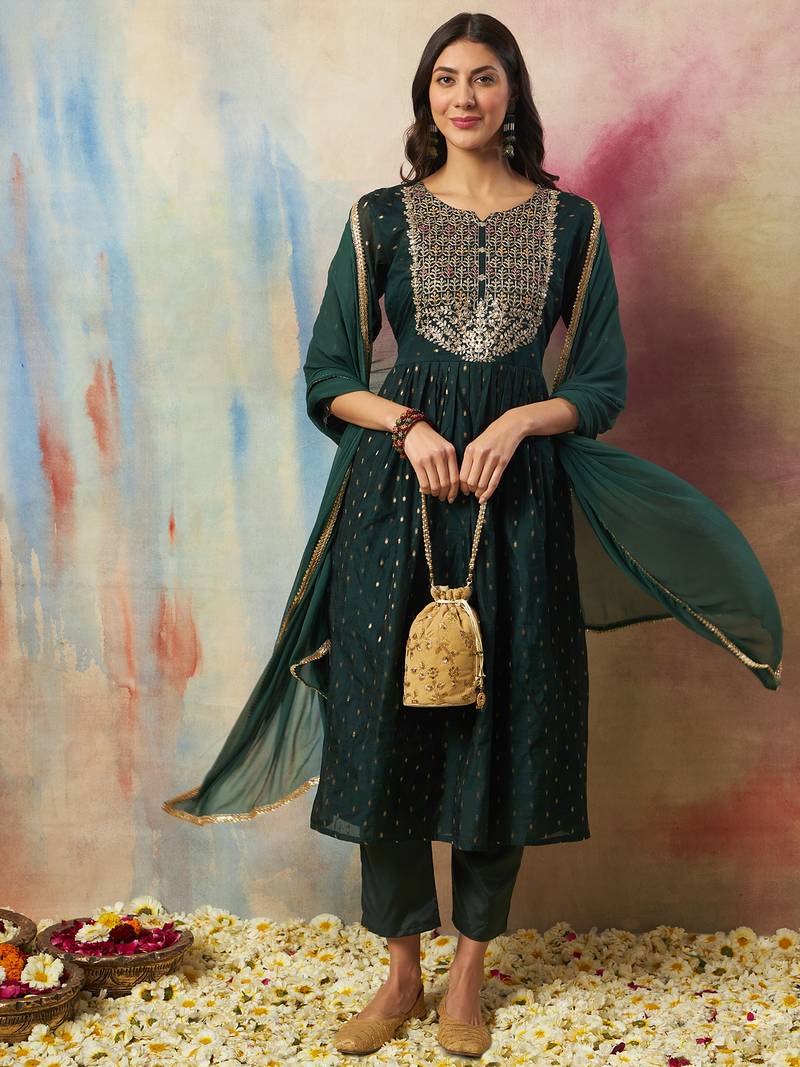 green cotton silk festive kurta set