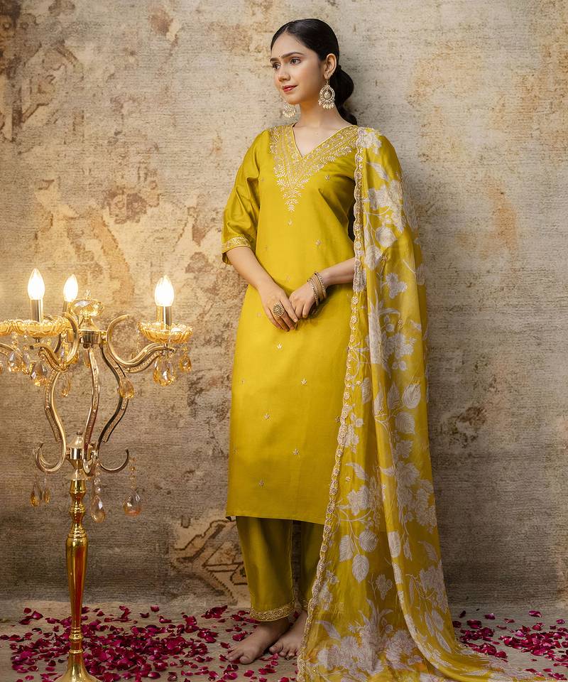 yellow viscose festive kurta set