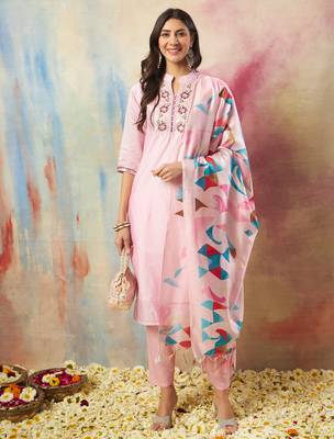 pink chanderi silk festive kurta set 1