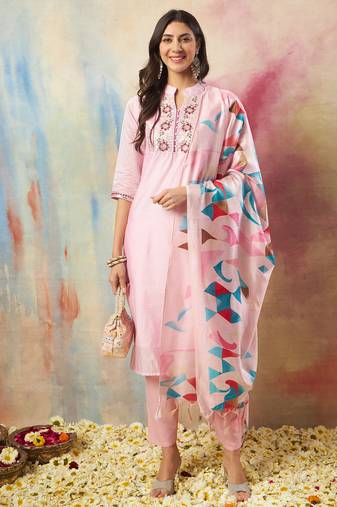 pink chanderi silk festive kurta set