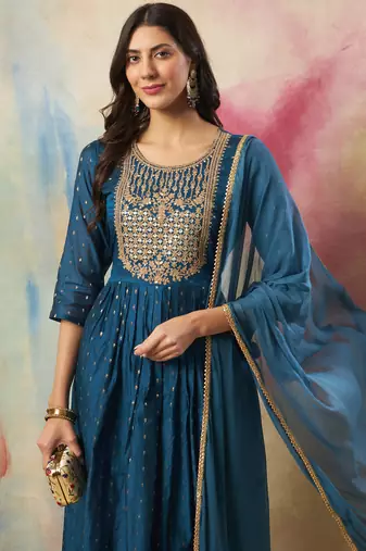 teal-blue cotton silk festive kurta set