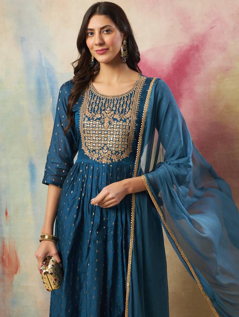 teal-blue cotton silk festive kurta set