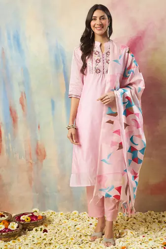 pink chanderi silk festive kurta set