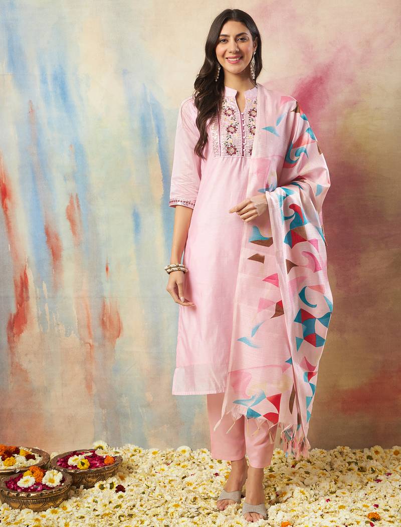 pink chanderi silk festive kurta set