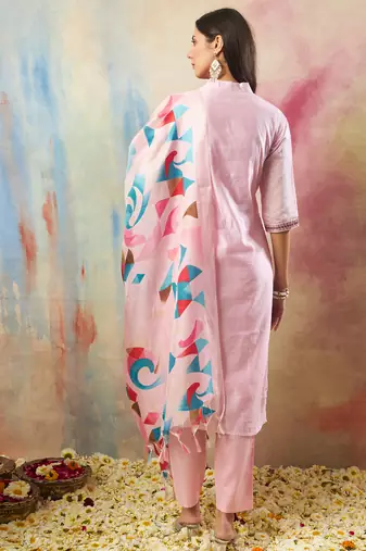 pink chanderi silk festive kurta set