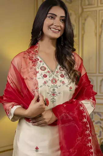beige silk blend festive kurta set