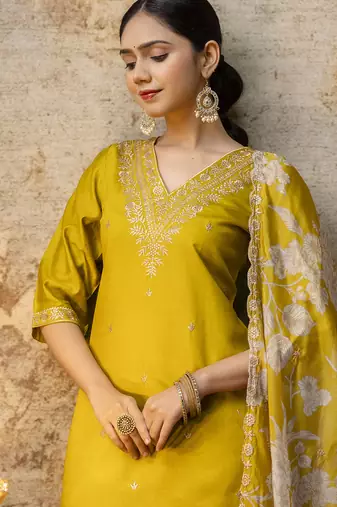 yellow viscose festive kurta set