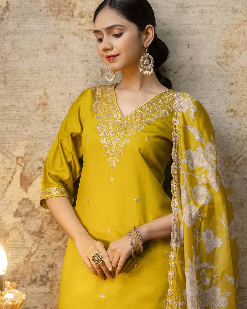 yellow viscose festive kurta set