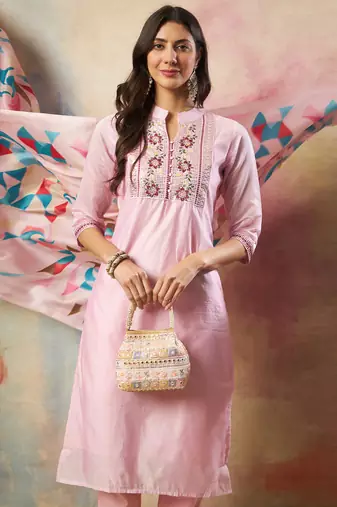 pink chanderi silk festive kurta set