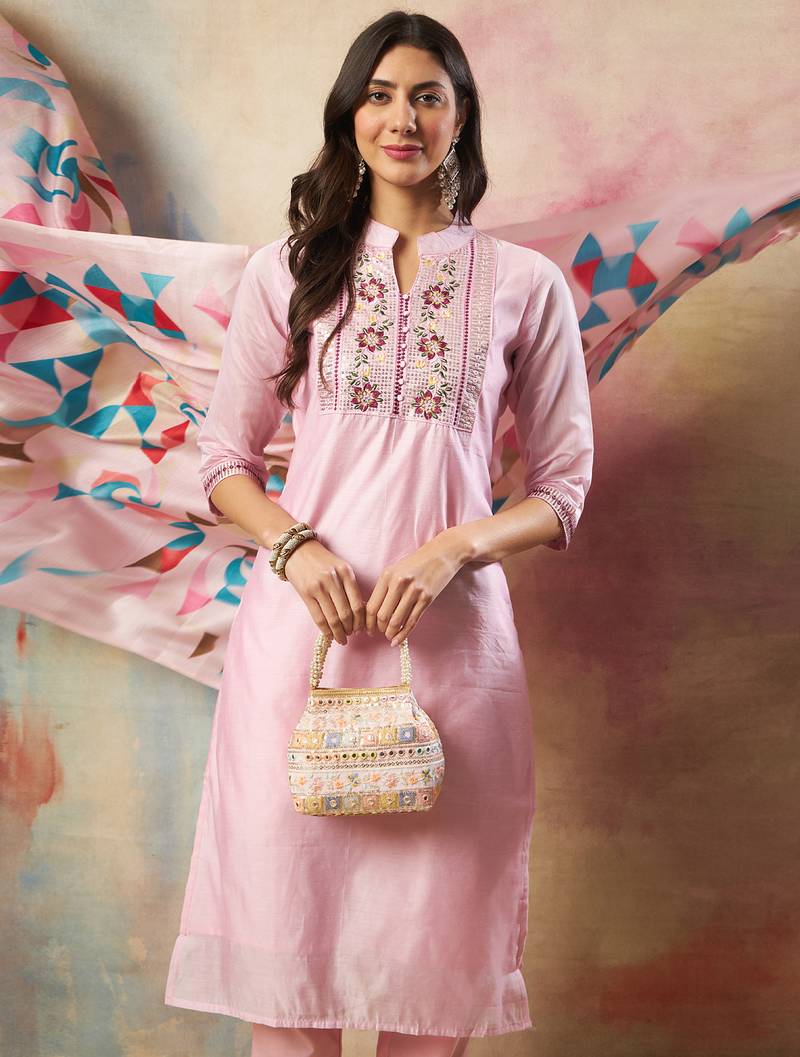 pink chanderi silk festive kurta set