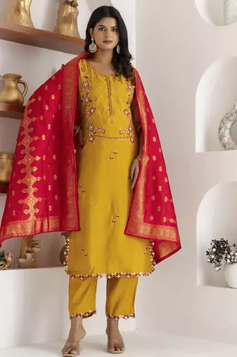 yellow viscose silk festive kurta set