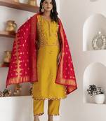 yellow viscose silk festive kurta set