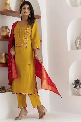 yellow viscose silk festive kurta set
