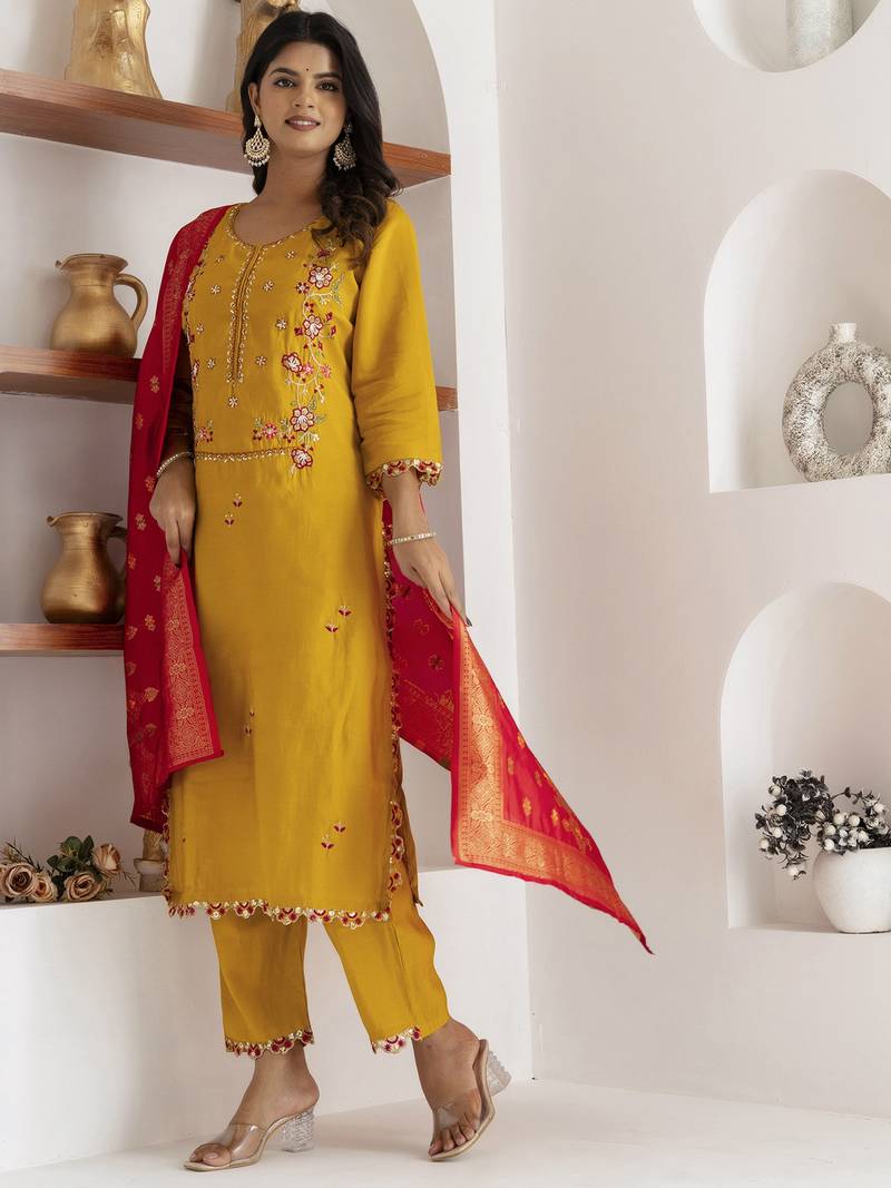 yellow viscose silk festive kurta set