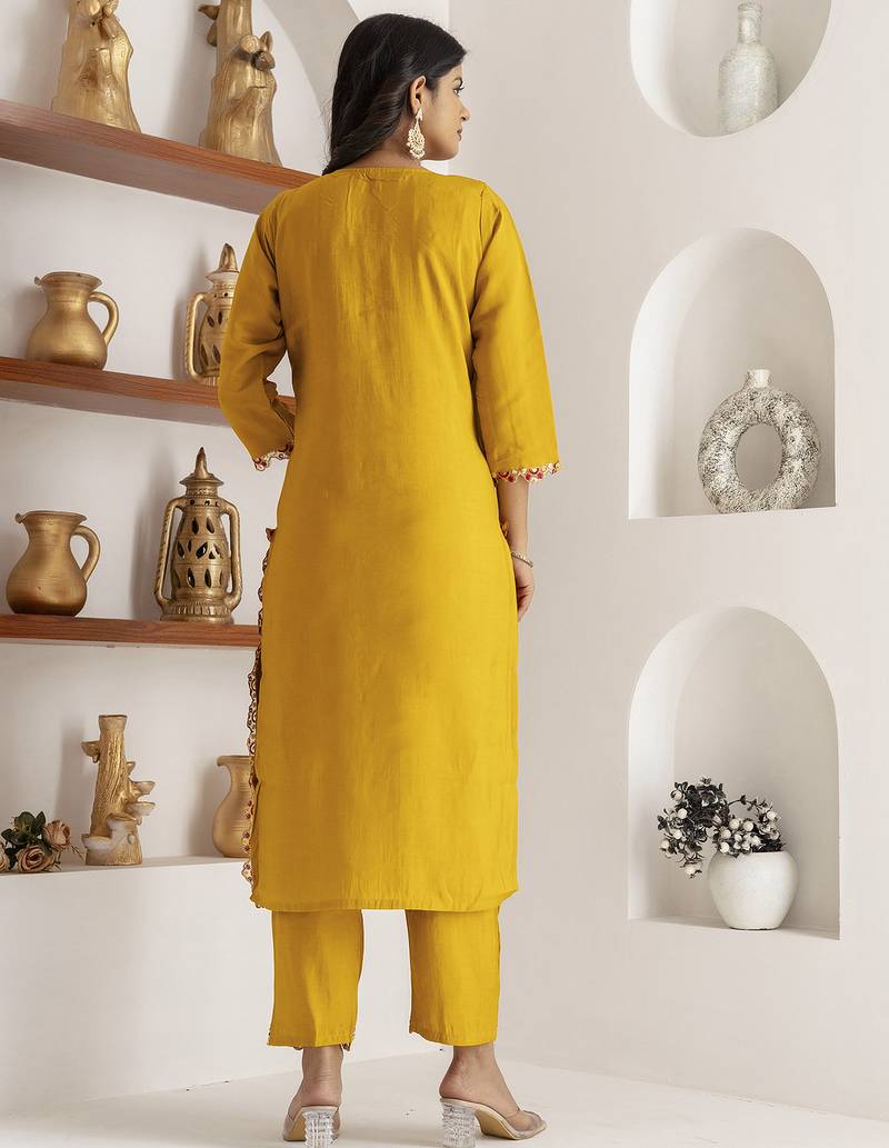 yellow viscose silk festive kurta set