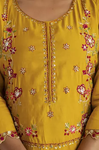 yellow viscose silk festive kurta set