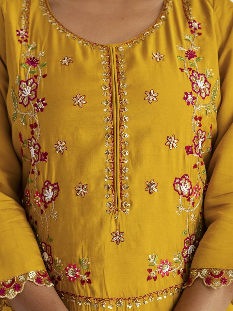 yellow viscose silk festive kurta set