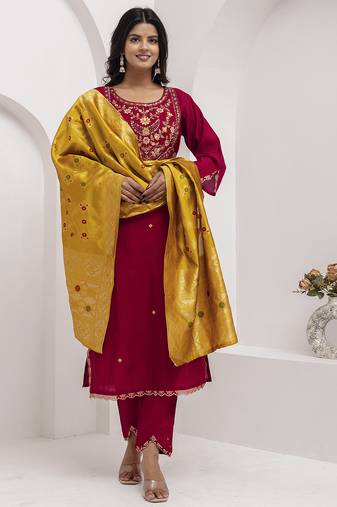 maroon viscose silk festive kurta set